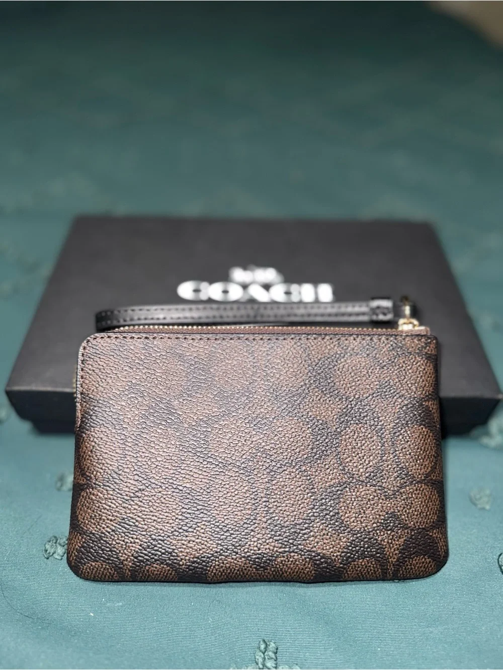 Coach Brown Signature Canvas Wristlet with Black Leather Stripe